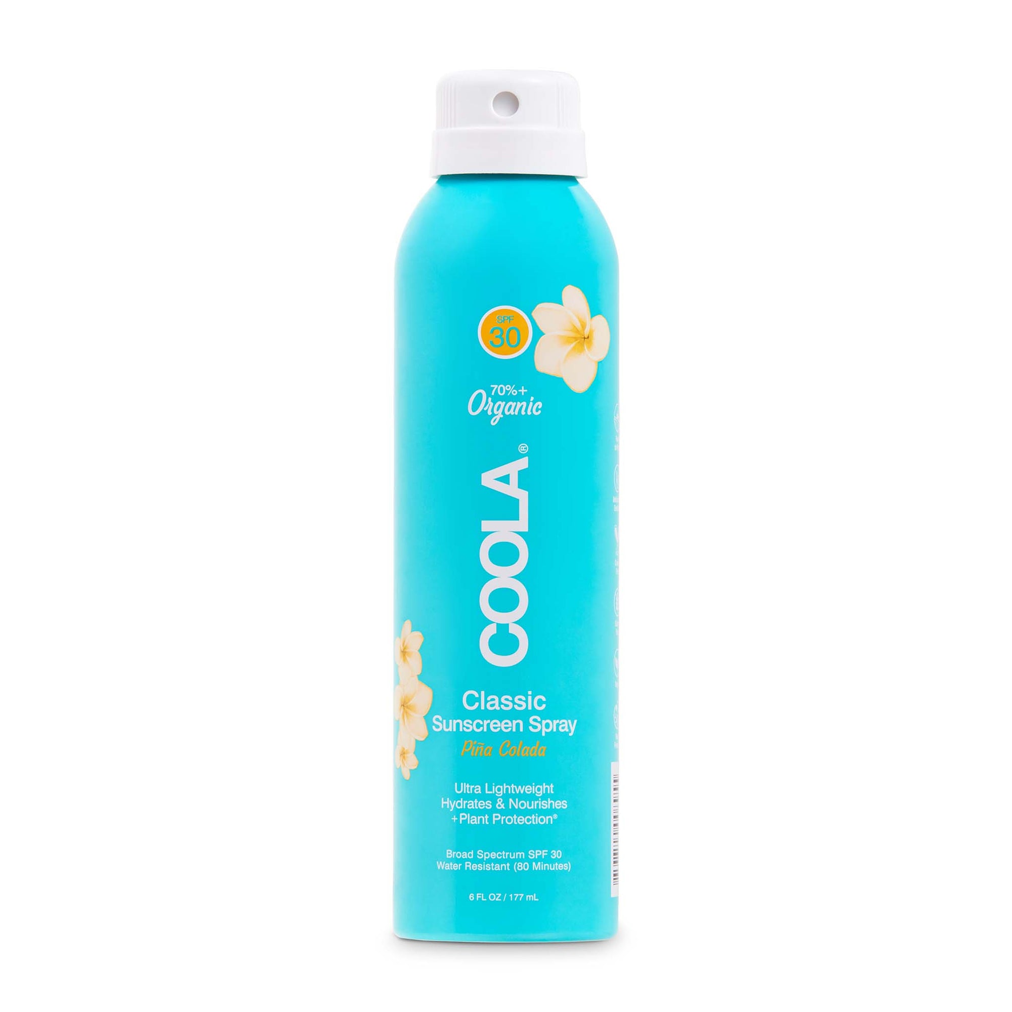 Coola Sunscreen Spray SPF 30 Pina Colada is a non aerosol spray, safe for planes and is reef friendly.