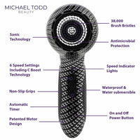 Michael Todd Soniclear Elite Cleansing Brush uses sonic technology, has an auto timer, is water proof and has 6 speed settings.