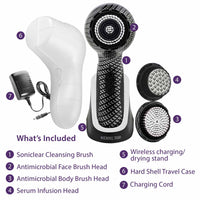 Michael Todd Soniclear Elite Cleansing Brush includes face brush head, body brush head, serum infuser, travel case and charging stand with cord