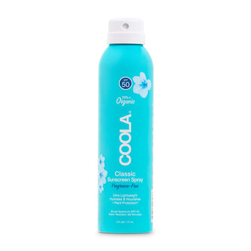 Coola Sunscreen Spray SPF 50 Fragrance free is a non aerosol spray, safe for planes and is reef friendly.