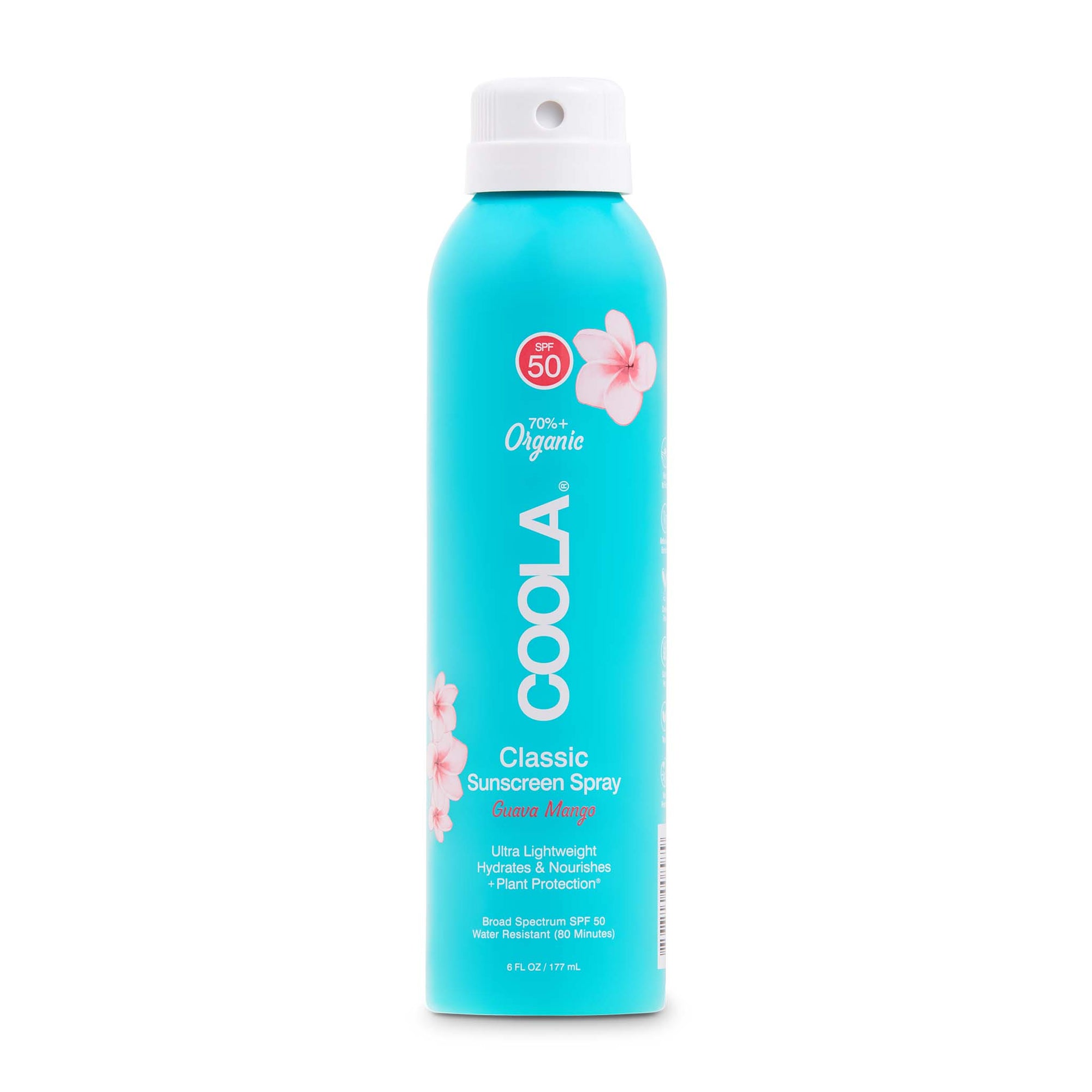 Coola Sunscreen Spray SPF 50 Guava Mango is a non aerosol spray, safe for planes and is reef friendly.